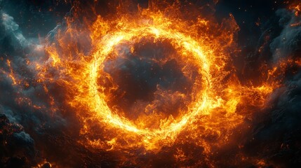 Fototapeta premium Fiery glowing ring of flames swirling on a dark smoky background at night.