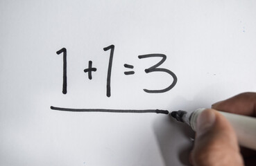 hand with writing the synergy concept on book isolated on Wooden Table.