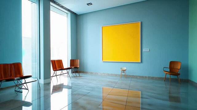 Bright modern art gallery featuring empty frames against colorful walls, Empty frames in bright, modern art gallery