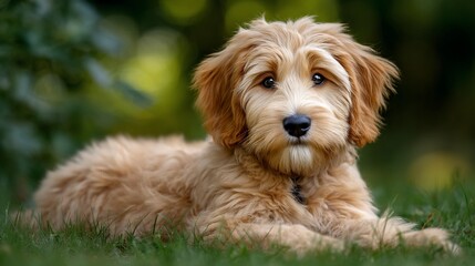Golden doodle puppy lounging on grass