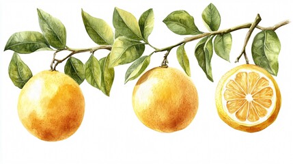 Citrus Branch on White Background - Fresh and Vibrant Oranges & Leaves Display