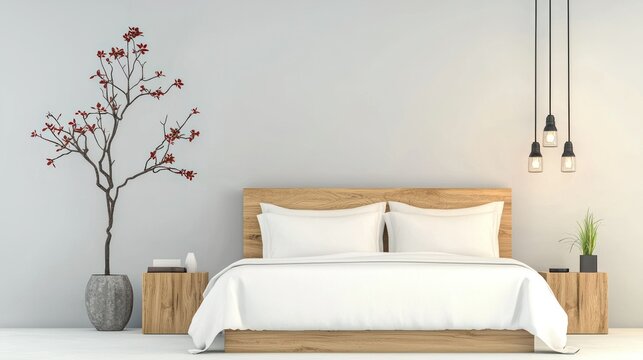 A modern minimalist bedroom with bed and decorative tree decor