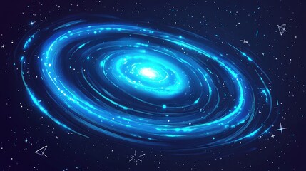 Obraz premium Cosmic spiral galaxy illustration in vibrant blues.
