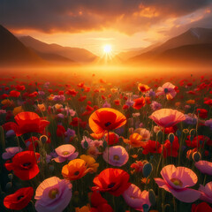Closeup of Poppy flowers in the rain