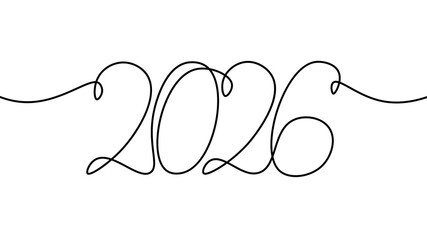 2026 year numeral handwritten in single line. Continuous line forms numbers. New Year designs event invitation. Minimalist art black line white background top view