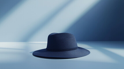 A hyper-realistic 3D render of a navy blue hat, perfectly positioned in a high-tech showroom