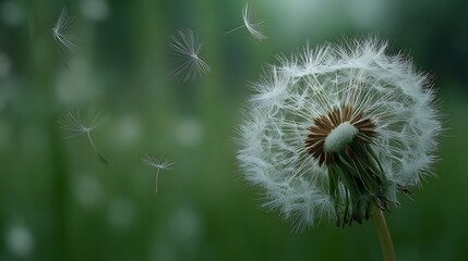 Fototapeta premium A dreamy macro shot of a dandelion in the process of scattering its seeds, with a soft focus of a green field in the background. 