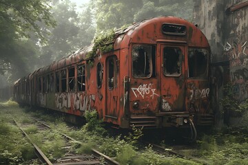Obraz premium A rusted train car covered in graffiti and overgrown with vegetation in an abandoned location outdoors