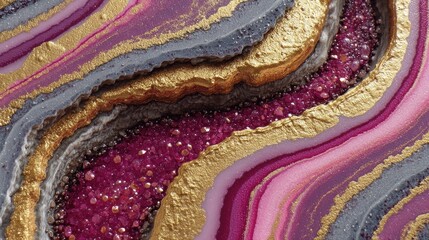 Abstract Geode Art with Gold, Purple, and Gray