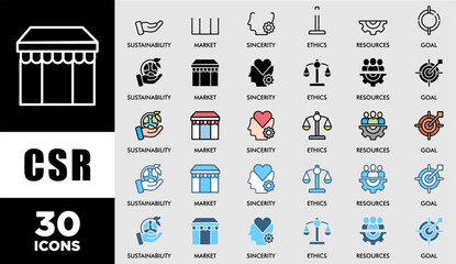 CSR icon set with various styles and colors customer satisfaction questionnaire  Corporate social responsibility and giving back to the community icons symbol live stroke and easy to edit