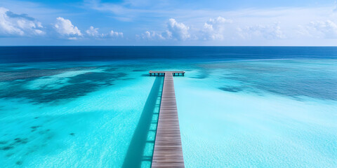 Fototapeta premium Ocean View Image, Tropical Scenery Picture, Wooden Pier Scene Photo, Sea Horizon Visual, Aqua Waters Still, Cloudscape Reflection, Coastline