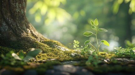 A young sprout emerges near a moss-covered tree base, bathed in sunlight