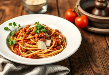 Lentil Bolognese dish on a wooden table