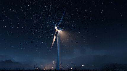 wind turbine at night with stars