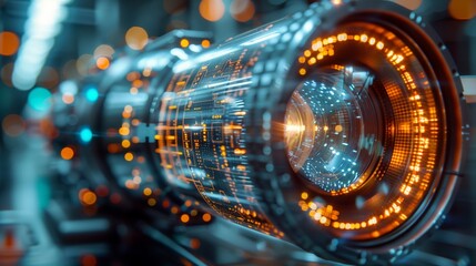 Obraz premium Close up of electric blue rim with automotive lighting on camera lens