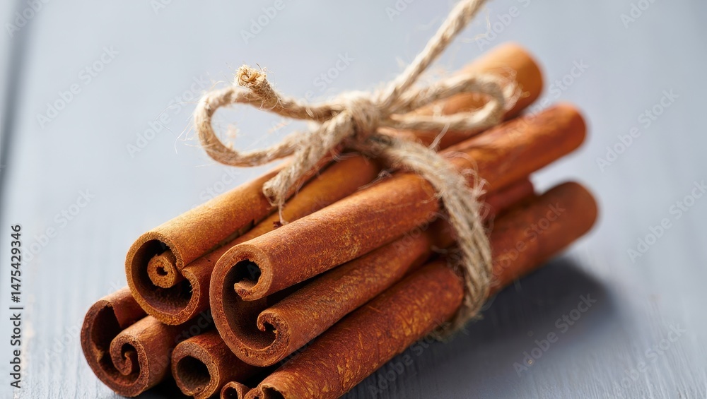Poster a bunch of cinnamon sticks tied together with a string, sitting on a surface.