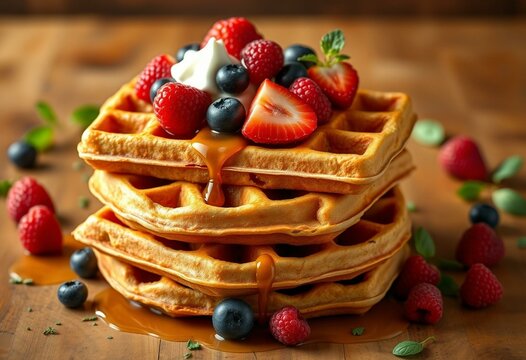 Delicious vegan waffles with fresh berries and whipped cream - Powered by Adobe