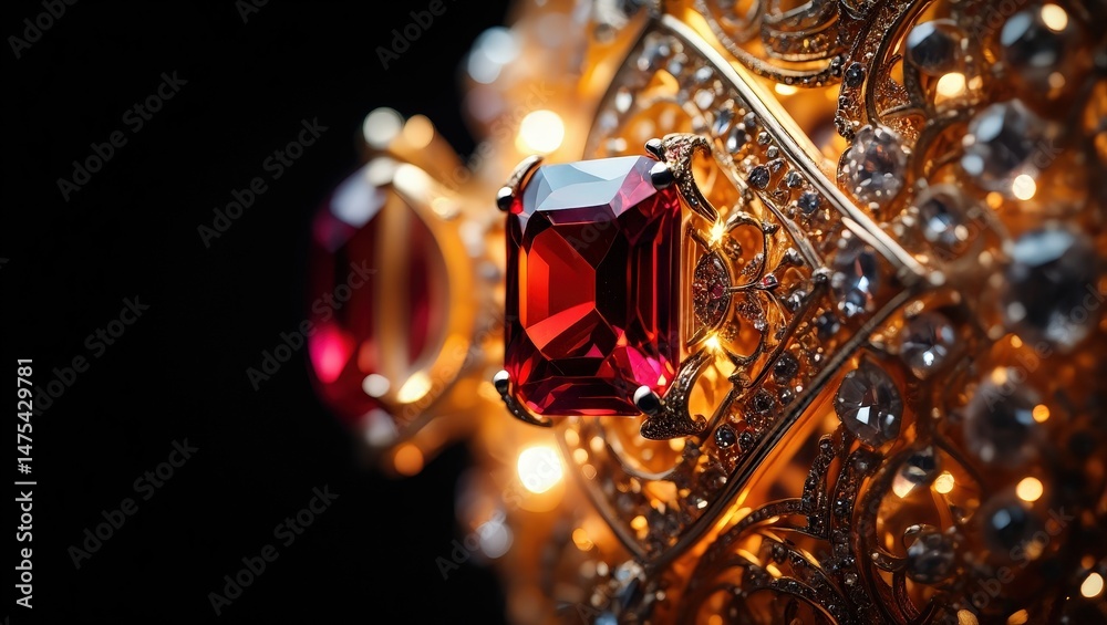 Poster a close-up view of a piece of jewelry featuring multiple red gemstones set in gold.