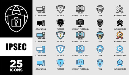 IPSEC icon set with various styles and colors customer satisfaction questionnaire cloud computing, protect, internet protocol, vpn, and authenticate