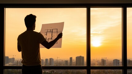 Fototapeta premium A man reviewing blueprints by a window in the sunset
