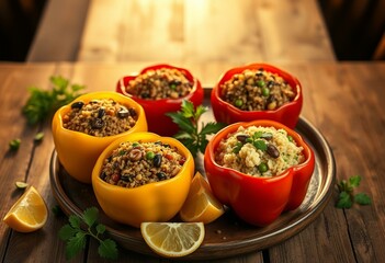 A warm and inviting image of stuffed bell peppers on a rustic table