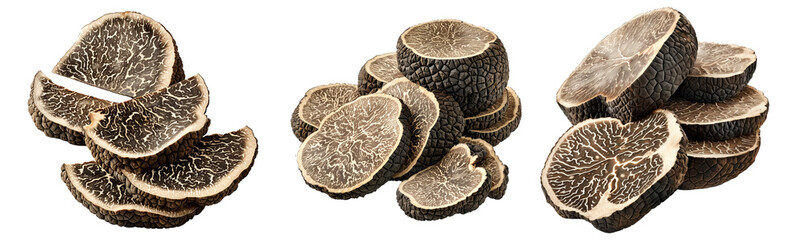 Fototapeta premium Set of black truffles isolated on white transparent background, great for culinary and gourmet themes