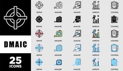 DMAIC icon set with various styles and colors customer satisfaction questionnaire management, performance, development, target, growth icons symbol background live stroke