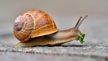 A snail eating green leaves on the ground.