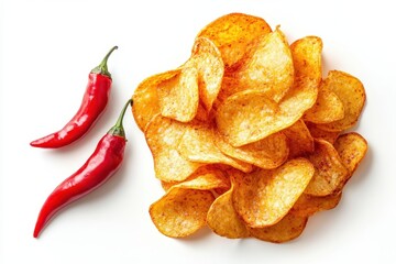 Pile of spicy potato chips with two red chili peppers on a white background
