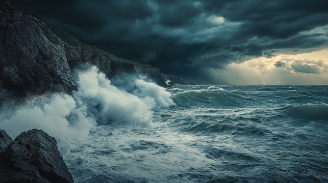 Dramatic coastal scene with powerful waves crashing against rocks.
