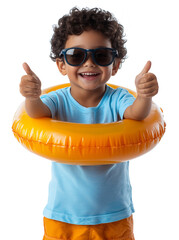 Happy young boy with curly hair wearing sunglasses and blue shirt smiling with both thumbs up and orange float ring isolated on transparent. 