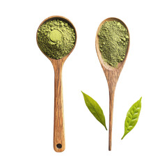 Matcha green tea powder in wooden spoons with fresh tea leaves captured in natural light, matcha green tea powder in wood spoon with tea leaf isolated on Transparent background