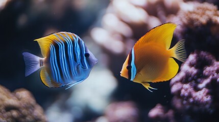 Two vibrant tropical fish swim gracefully among colorful coral reefs in a serene underwater scene