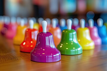 Colorful handbells arranged on wooden surface