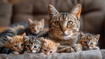 Felidae cat and her kittens lounge on couch with fur and whiskers