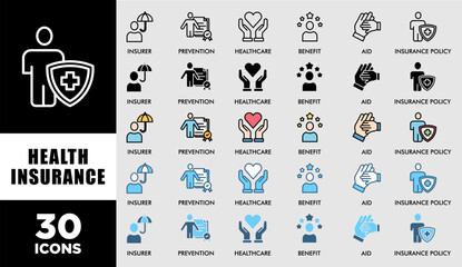 HEALTH INSURANCE  icon set with various styles and colors customer satisfaction questionnaire of the insurer, prevention, insurance policy, benefit, aid, and healthcare simple line vector
