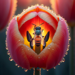 Closeup of Tulip flowers with dew dropsand a bee