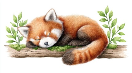 Obraz premium Peaceful Red Panda Slumber - A gentle watercolor painting of a red panda sleeping peacefully on a mossy log, symbolizing tranquility, nature, wildlife, dreams, and serenity