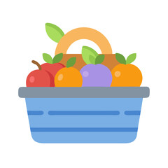 Fruit basket illustration with apple, orange, and plum