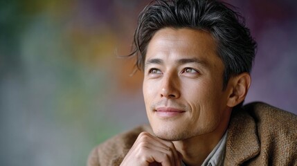 Thoughtful Asian Man Portrait, Studio Background