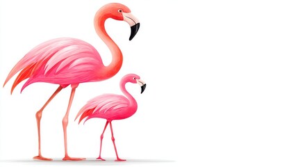 Fototapeta premium Pink Flamingo Pair - Two pink flamingos, one adult and one chick, stand side by side against a white background