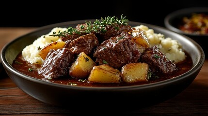 Hearty stew, potatoes, herbs, in a bowl. Delicious looking comfort food with rich dark sauce