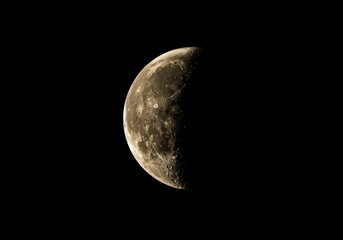 Close up view of the moon with visible craters against a black night sky. astronomical phenomenon concept for science presentation and space exploration.