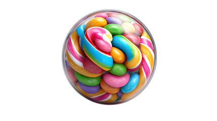 A perfect sphere of colorful candy (e.g., a gumball), smooth reflective surface, isolated on white, playful.