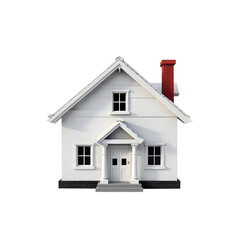 A small red house with a white roof and a red brick chimney, with a png background