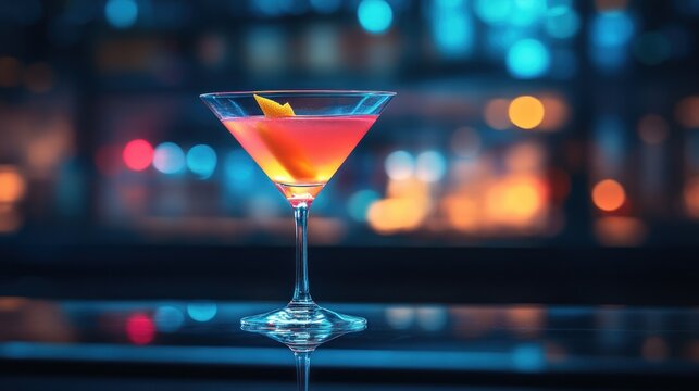 Vibrant cocktail garnished with citrus zest, dimly lit bar backdrop