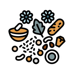 Abstract Illustration with Flowers, Leaves, and Circles on Black