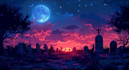 Sunset over Spooky Forest, graveyard, Halloween Twilight background 