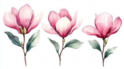 Elegant Watercolor Magnolia Flower on White Background