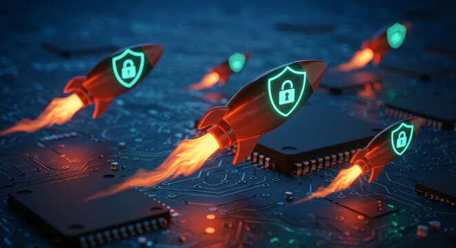 Security Rockets: A squadron of rockets, each adorned with a security shield, soars across a digital circuit board landscape.